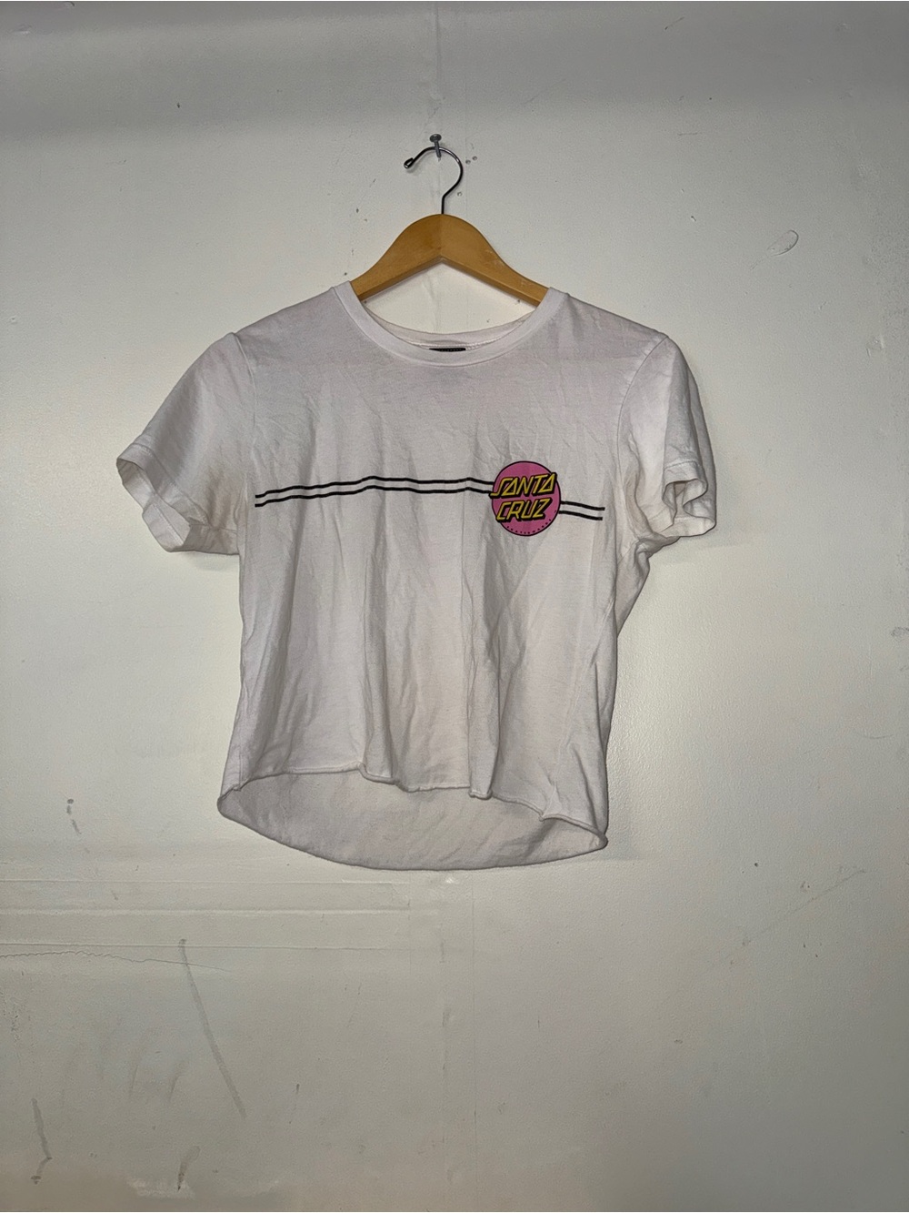 Santa Cruz Skateboards White Crop Tee with Pink & Yellow Logo